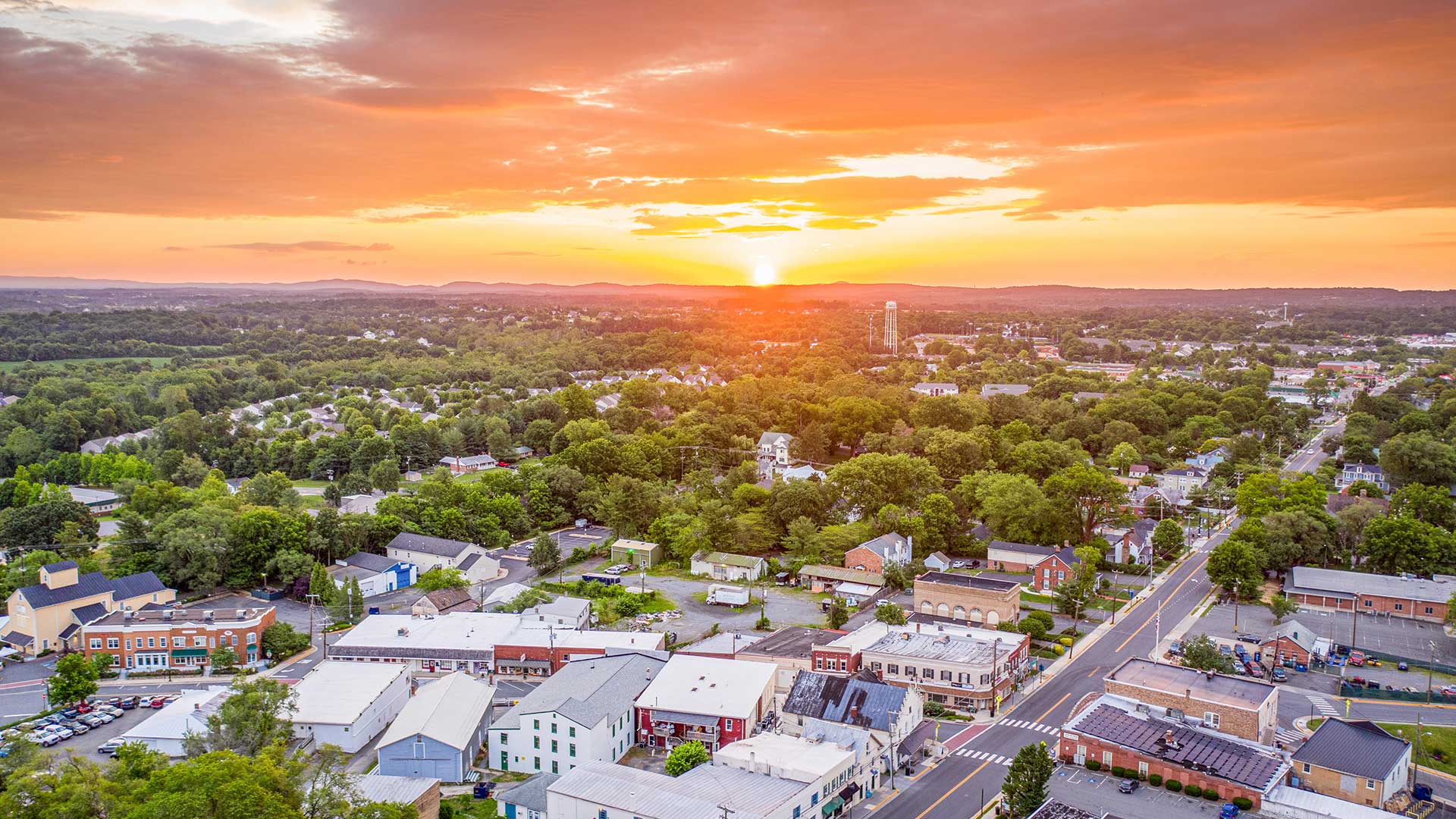 Aerial photo of Purcellville, Virginia at sunrise.