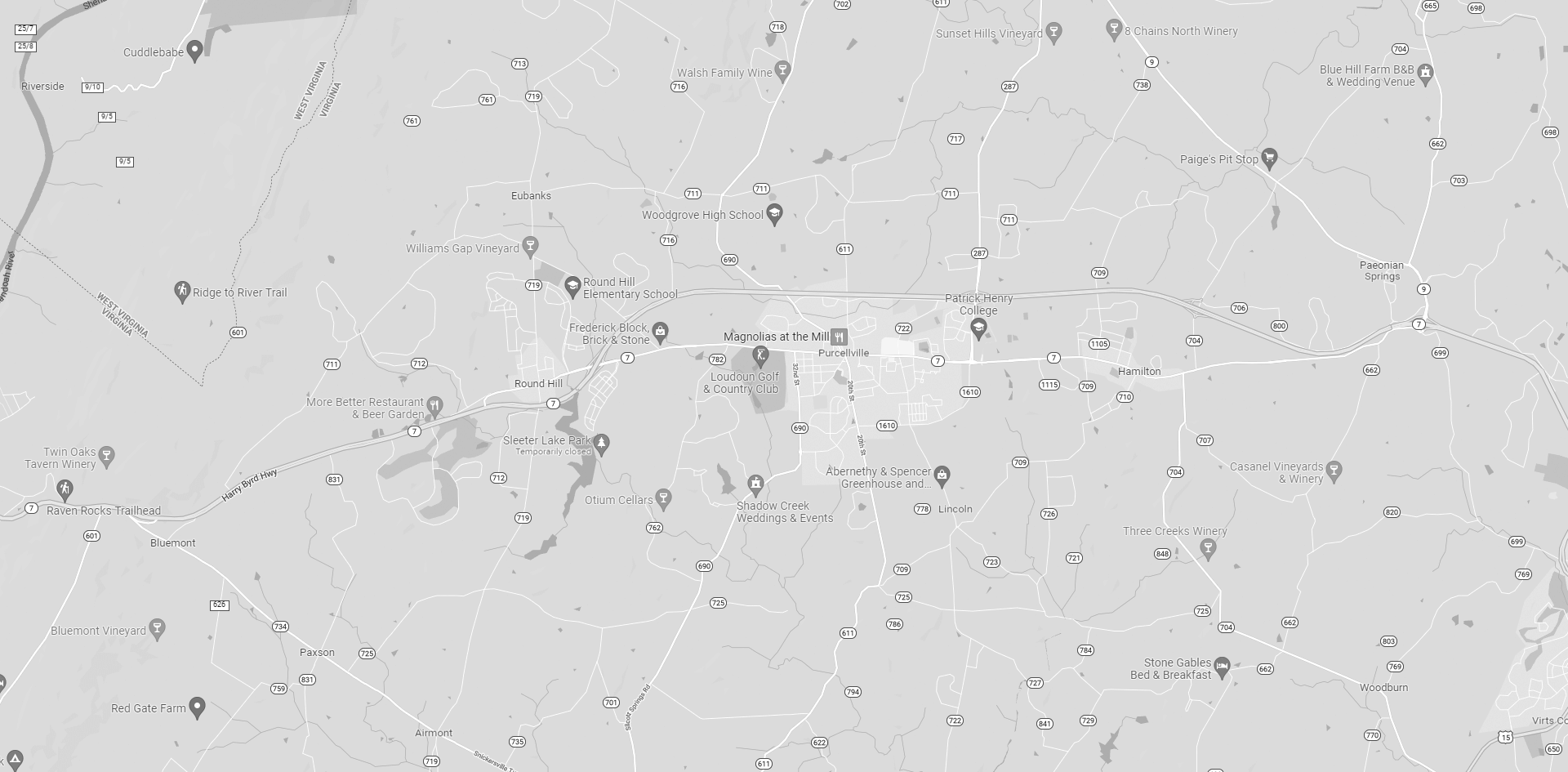 Purcellville, VA area map in black and white.