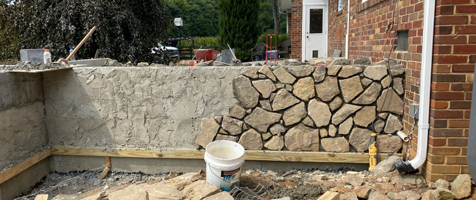 A retaining wall in progress of being built in Middleburg, VA.